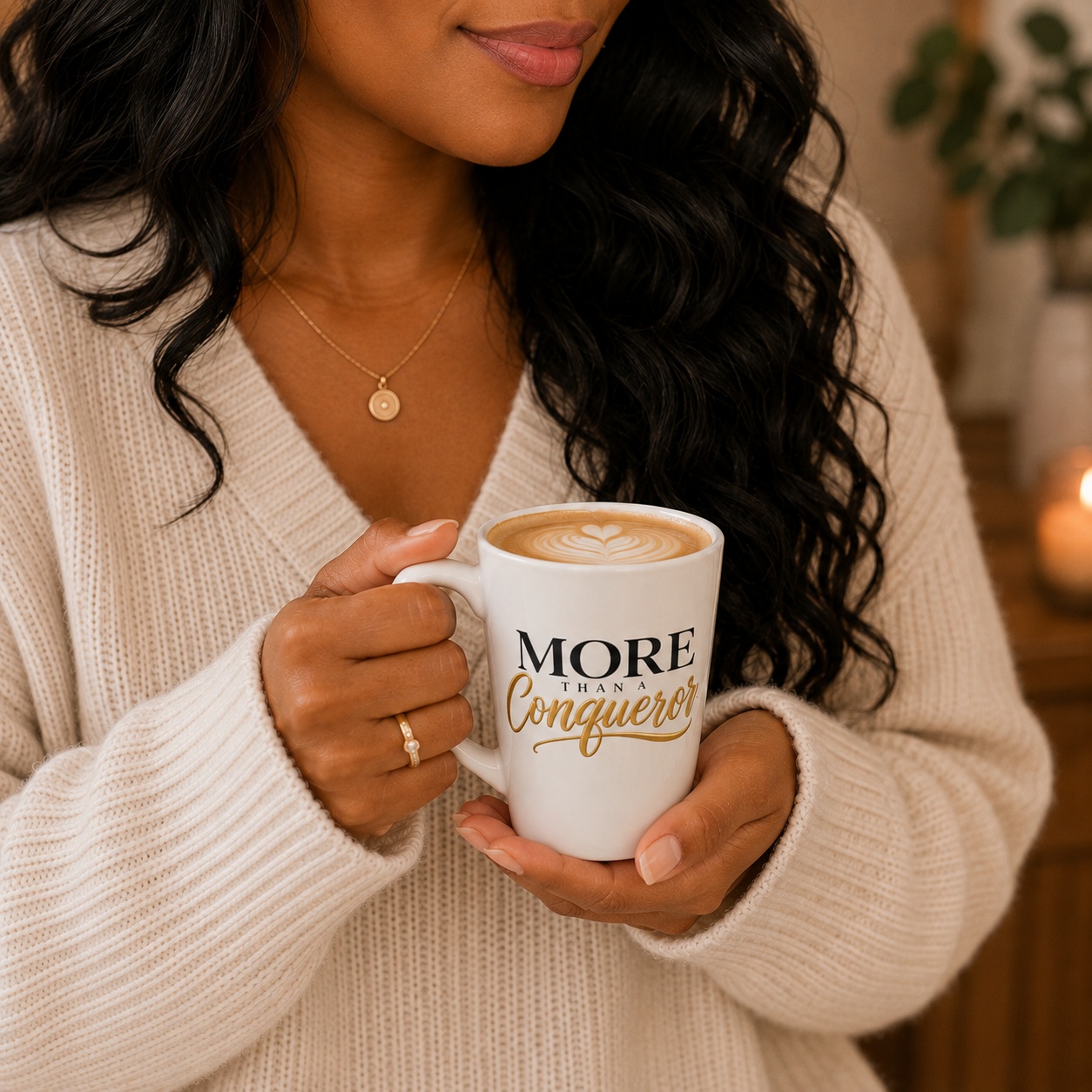 12 oz More Than A Conqueror latte mug with elegant black and gold script held in a cozy setting.