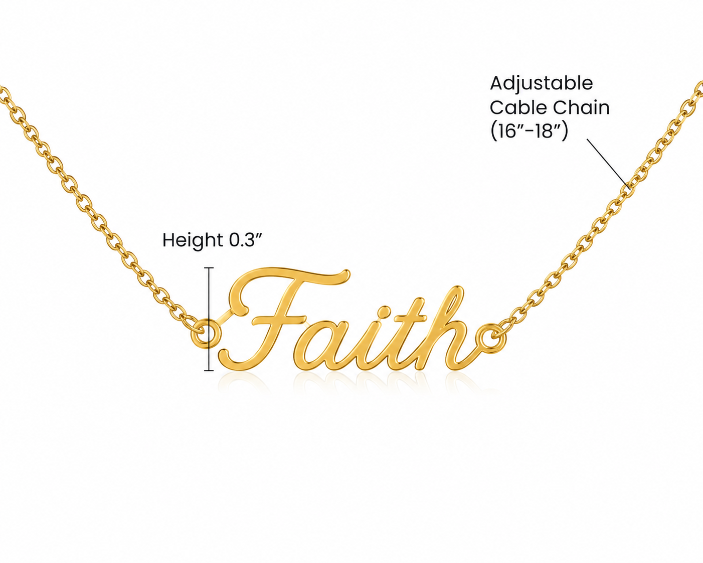 Faith script necklace size guide: 0.3 inch pendant height on a 16-18 inch adjustable cable chain.