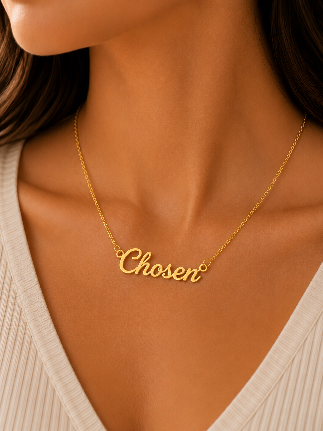 Chosen script necklace in gold, elegant Christian jewelry gift for women.