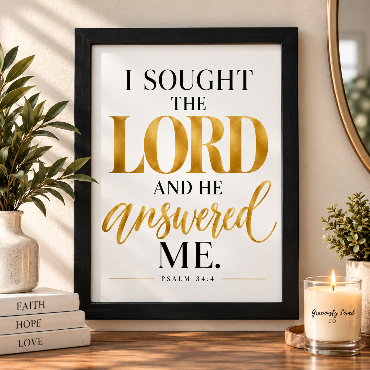 I Sought the Lord and He Answered Me Psalm 34:4 framed Christian wall art in a black 11x14 frame.
