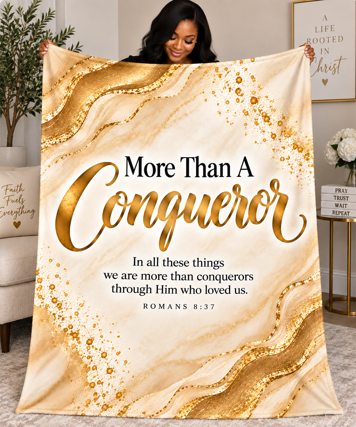 More Than A Conqueror Blanket - 50x60 Christian Fleece Throw More Than A Conqueror Romans 8:37 plush fleece Christian blanket in cream and gold.