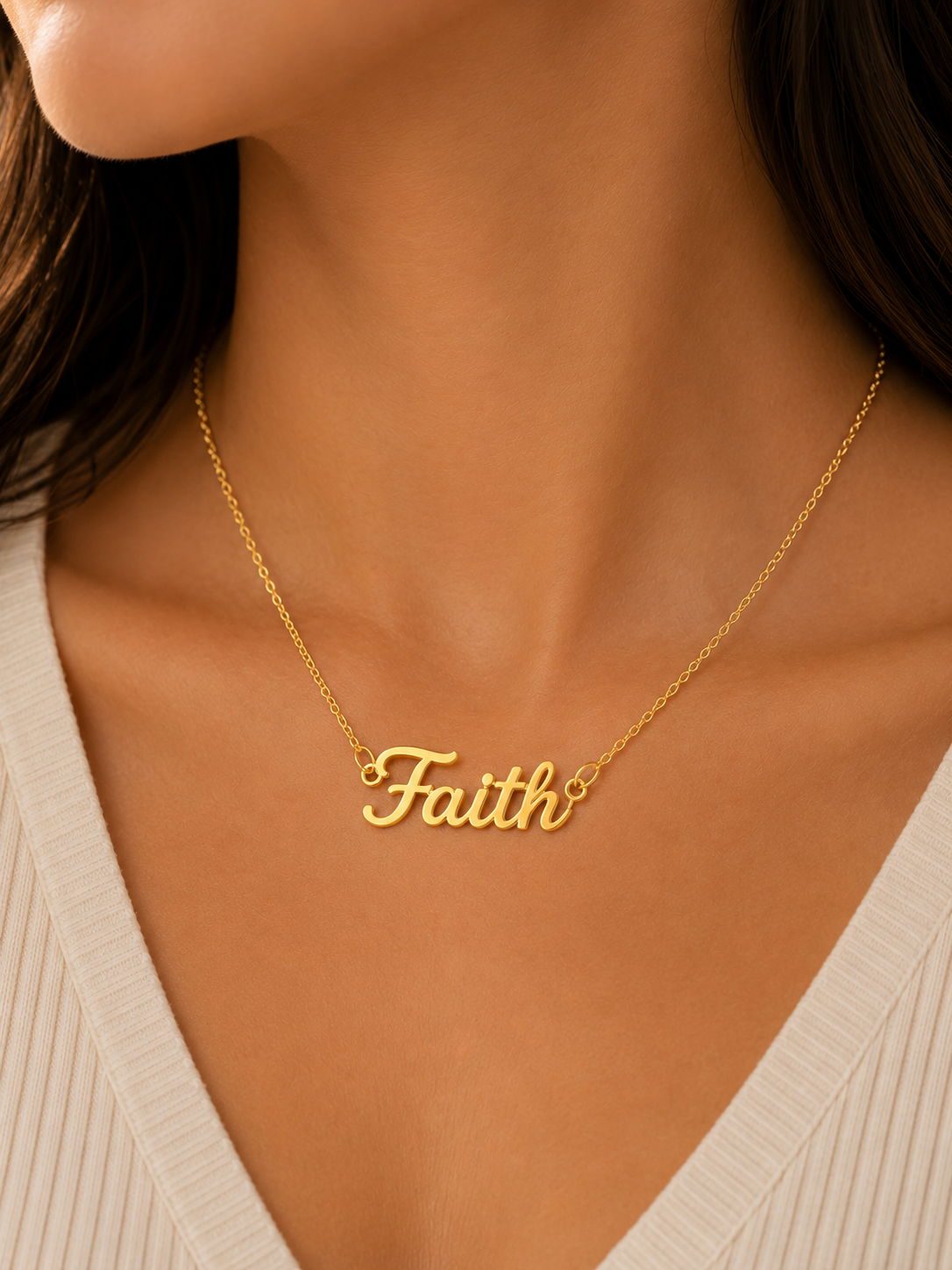 Faith script necklace in 18K gold Christian jewelry for women.