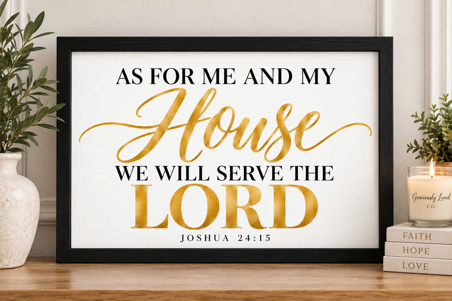 As for Me and My House We Will Serve the Lord Joshua 24:15 framed Christian wall art in a black 11x14 frame.
