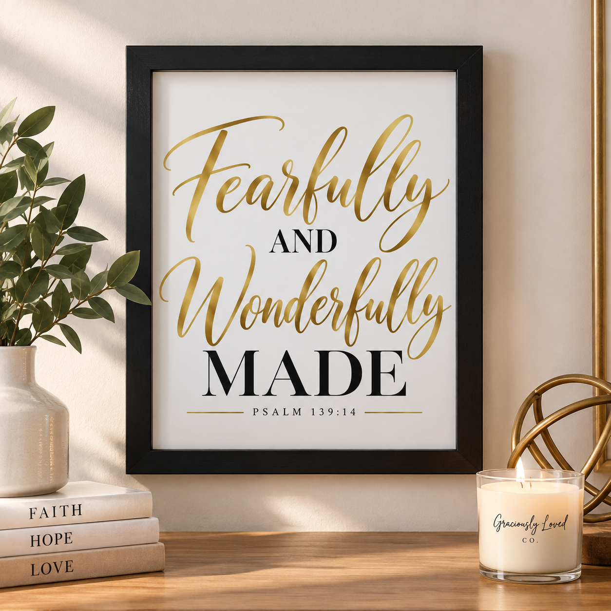 Fearfully and Wonderfully Made Psalm 139:14 framed Christian wall art in a black 11x14 frame.