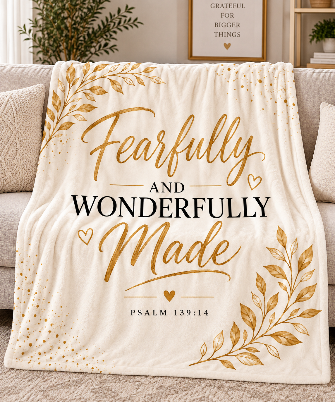 Fearfully And Wonderfully Made Blanket - 50x60 Christian Throw Fearfully And Wonderfully Made Psalm 139:14 plush fleece Christian blanket in cream and gold.