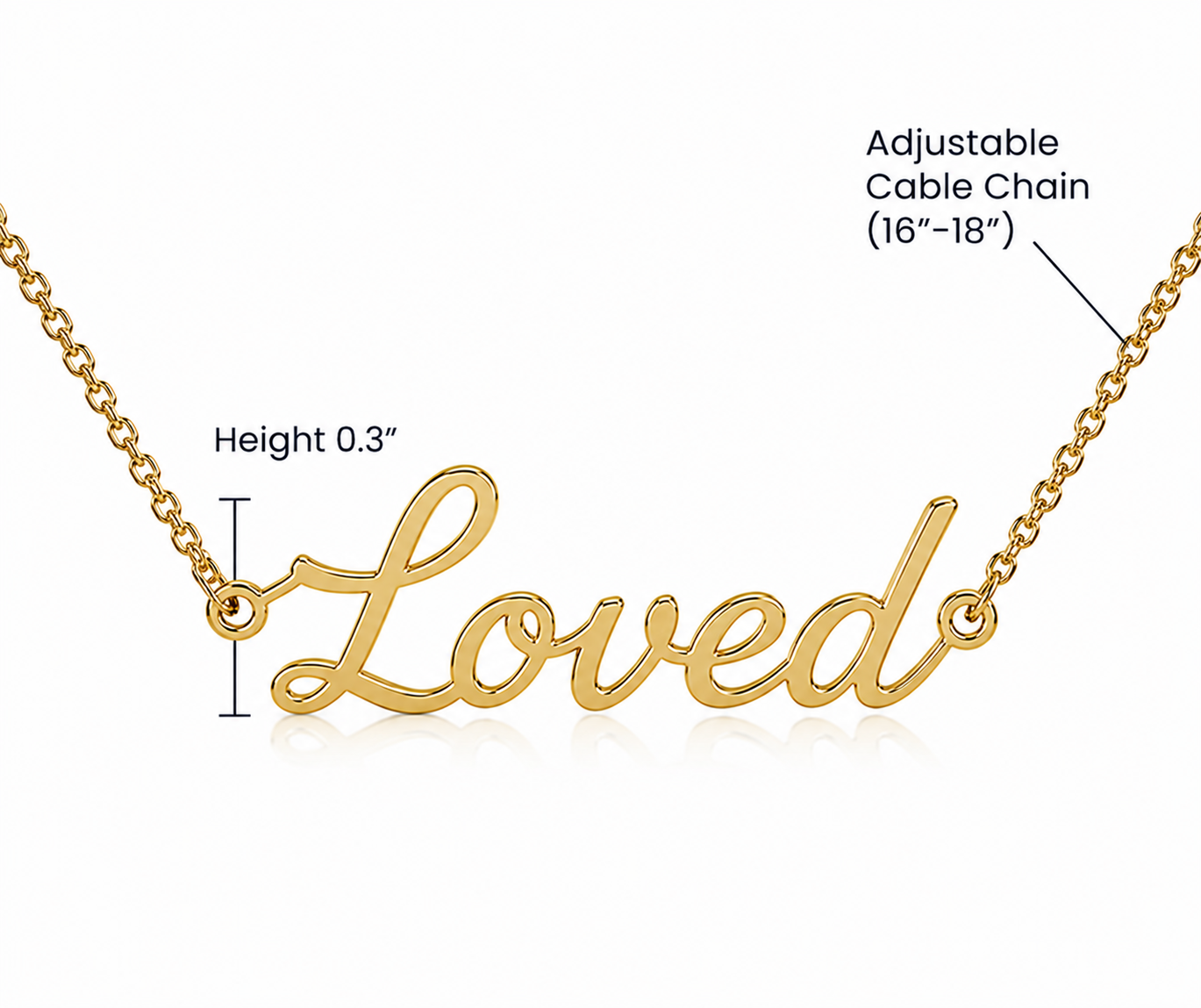 Loved script necklace size guide: 0.3 inch pendant height on a 16-18 inch adjustable cable chain.