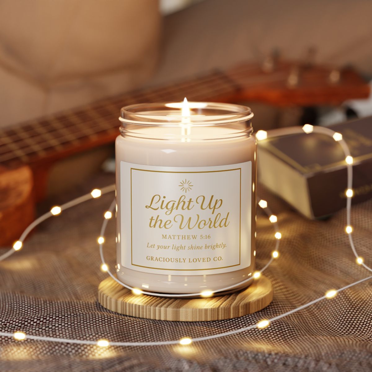 Light Up the World scented soy candle inspired by Matthew 5:16 for Christian homes.