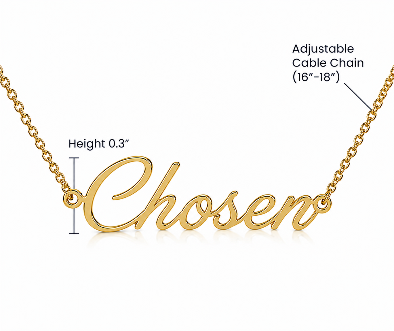 Chosen script necklace size guide: 0.3 inch pendant height on a 16-18 inch adjustable cable chain.