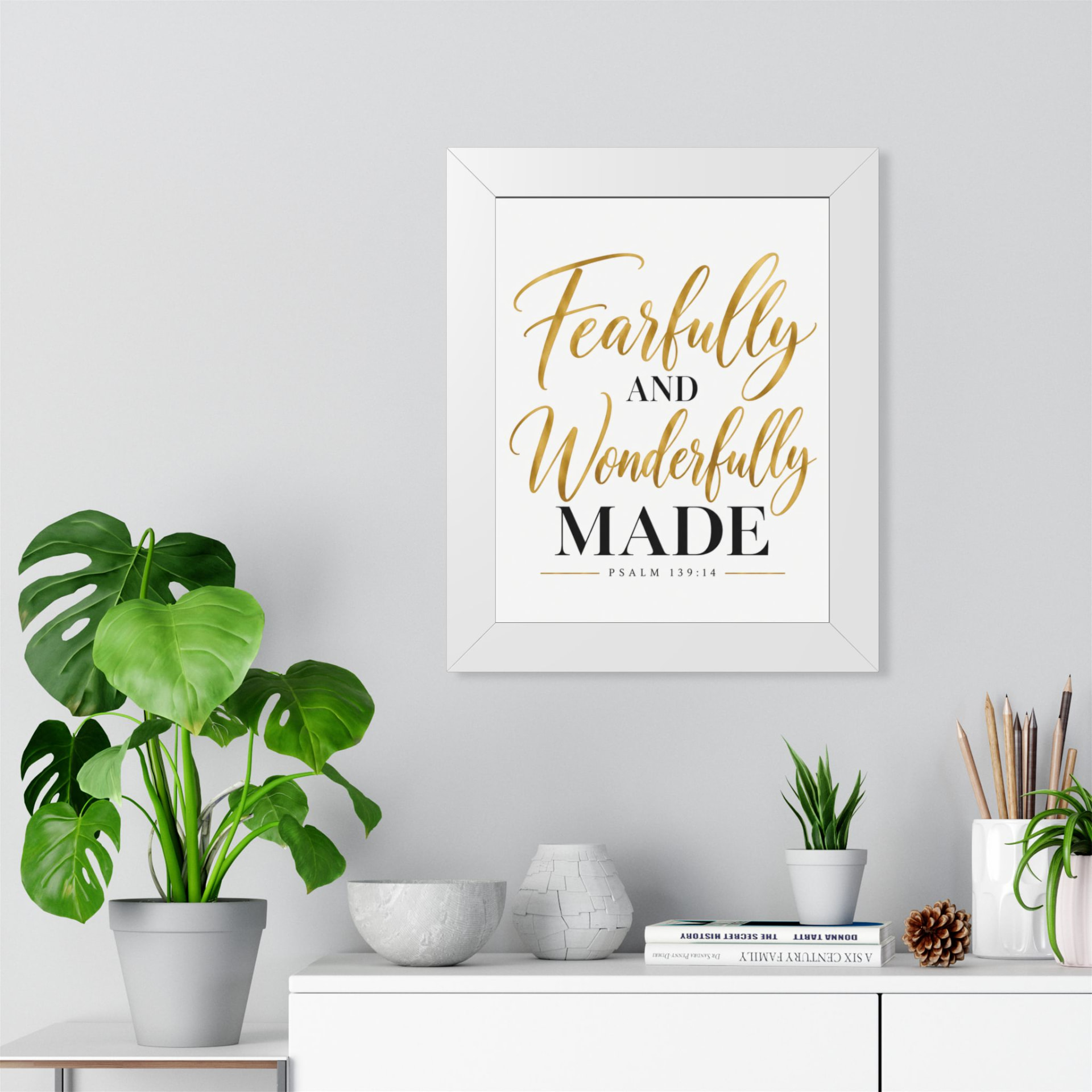Fearfully and Wonderfully Made Psalm 139:14 framed Christian wall art in a white 11x14 frame.