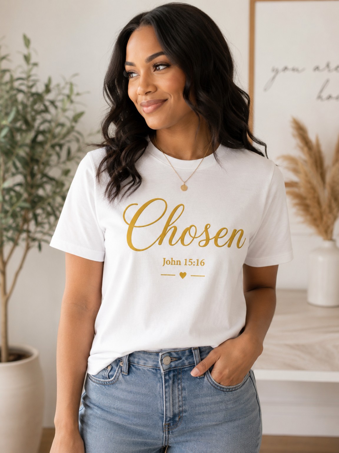 Chosen John 15:16 Christian t-shirt with elegant gold script design.