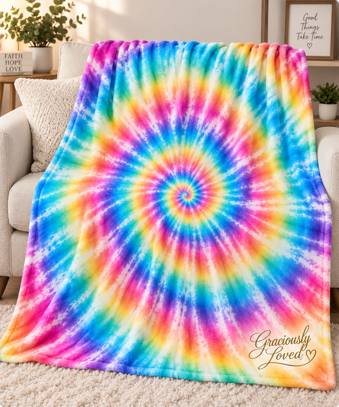 Graciously Loved 50 by 60 inch plush fleece tie-dye blanket displayed on a cream sofa in bright pink, blue, yellow, green, and purple.