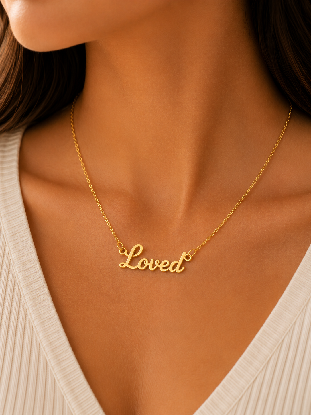 Loved script necklace with gold finish, dainty Christian jewelry for women.