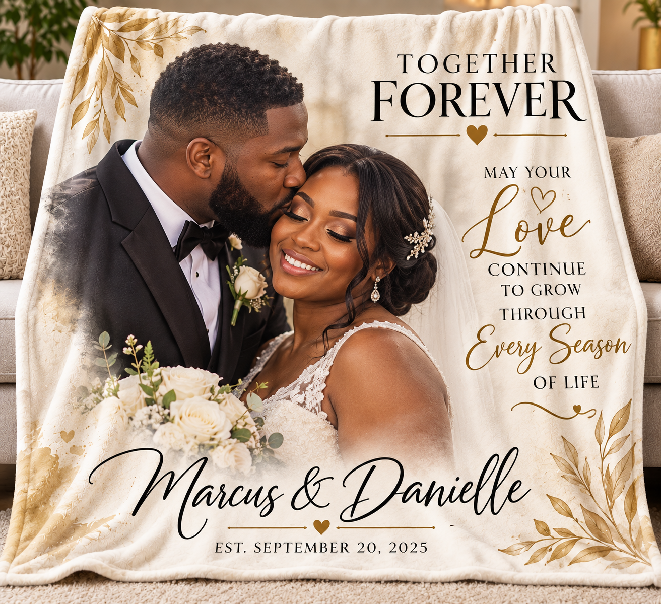Together Forever personalized wedding photo throw in cream and gold with the couple's names and wedding date.