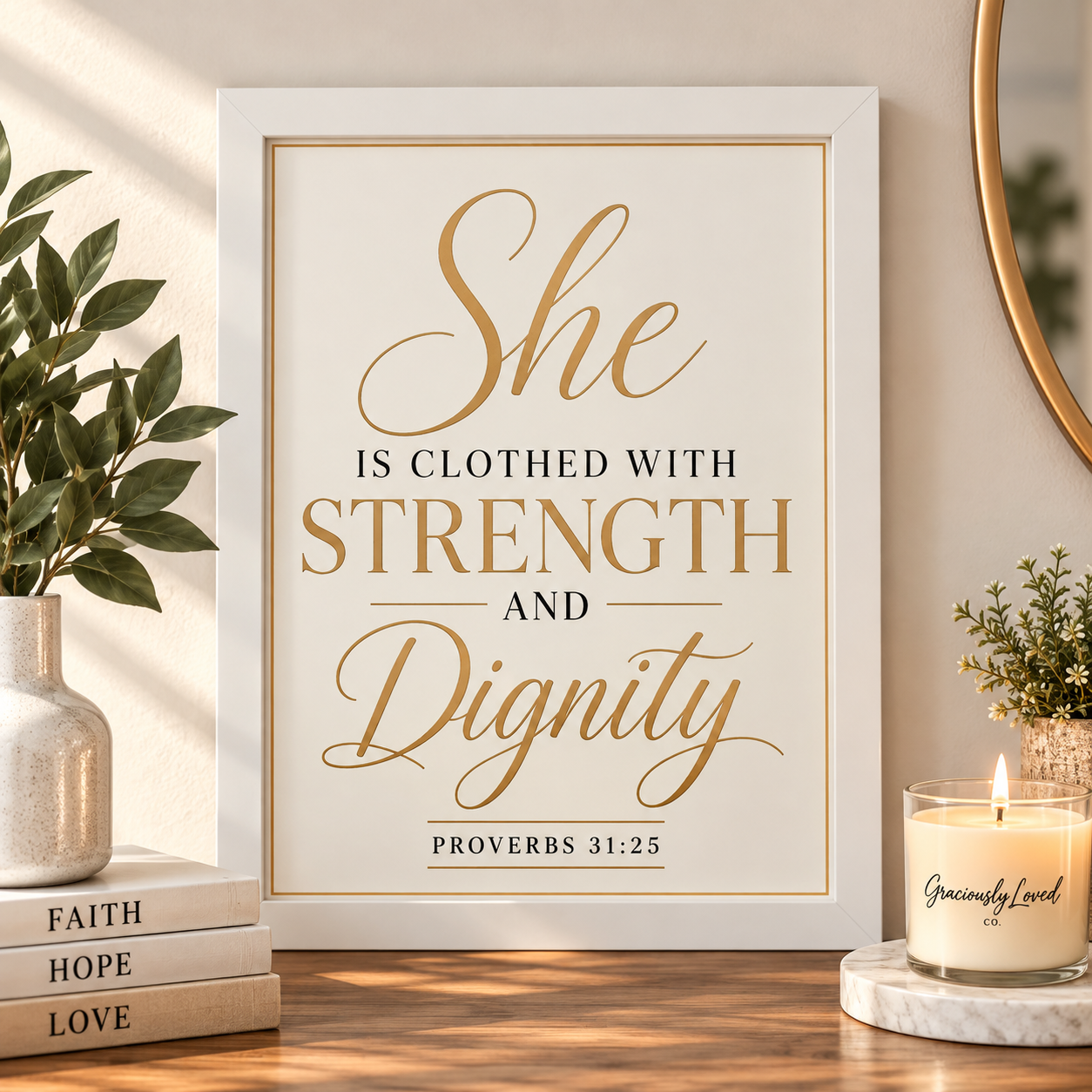 She is clothed with strength and dignity Proverbs 31:25 framed Christian wall art in a white 11x14 frame.