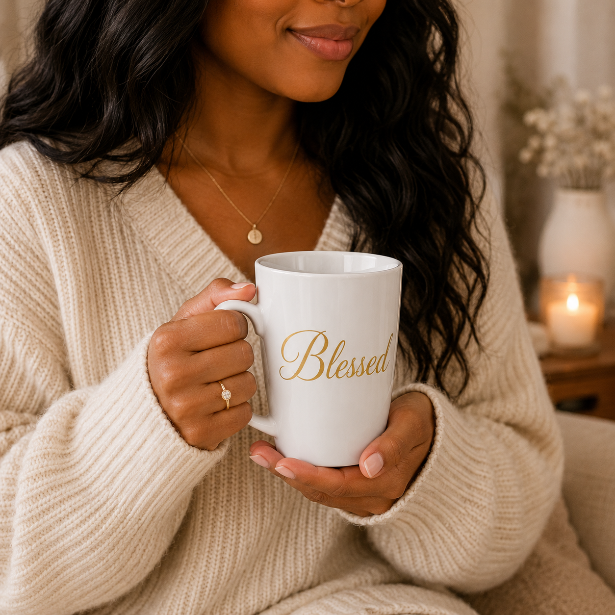 12 oz Blessed latte mug held in cozy hands with elegant gold script for Christian women.