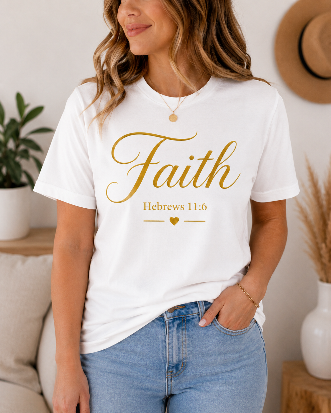 Faith Hebrews 11:6 Christian apparel t-shirt for women featuring gold script typography.