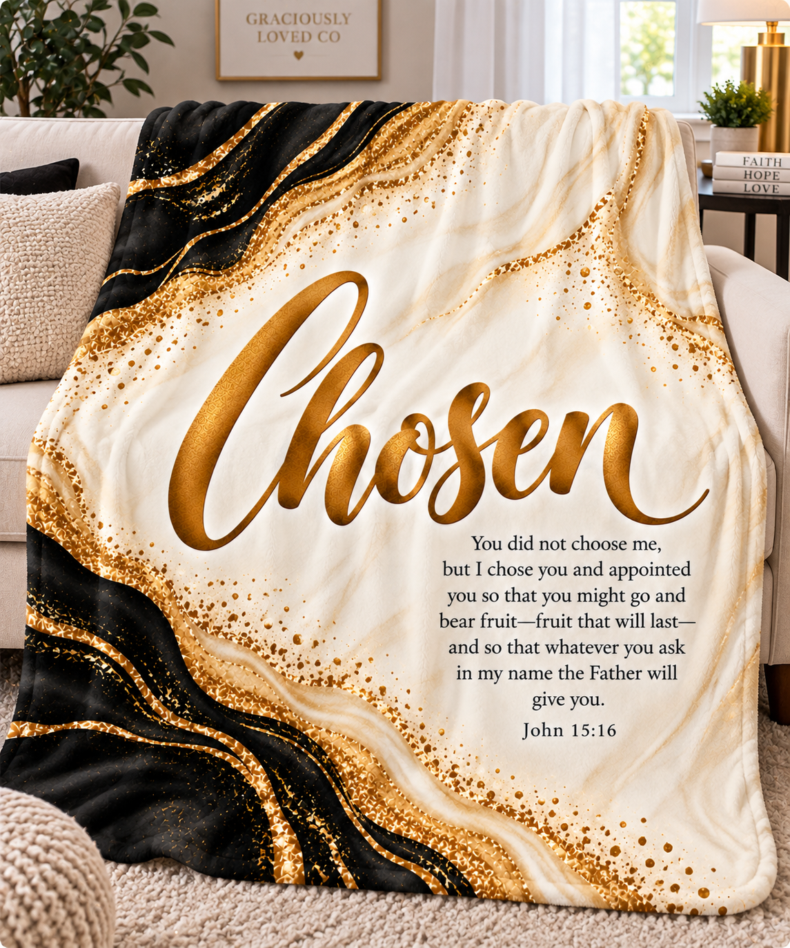 Chosen John 15:16 Blanket - 50x60 Plush Fleece Christian Throw Chosen John 15:16 plush fleece Christian blanket with black, cream, and gold marble details.