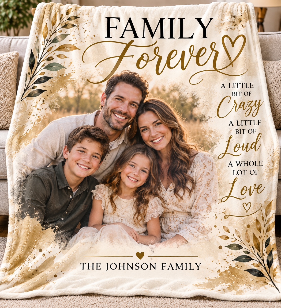 Family Forever personalized family photo throw in cream and gold with the family name.