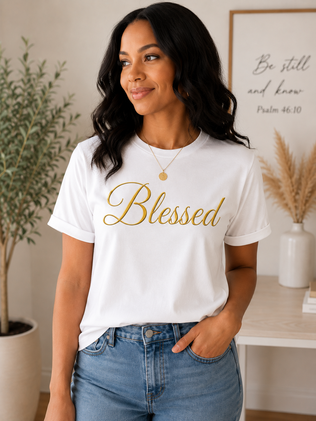Blessed Christian t-shirt featuring elegant gold script on premium faith based clothing.