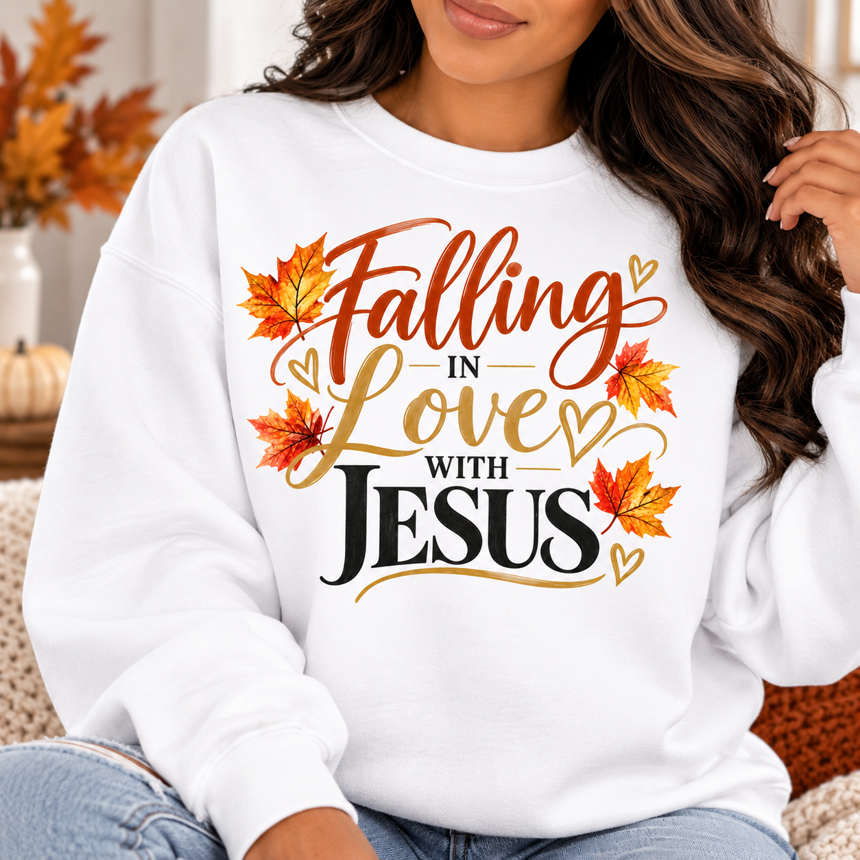 Falling In Love With Jesus Sweatshirt - Christian Apparel & Faith Based Clothing Falling In Love With Jesus Christian sweatshirt in white with autumn leaves, rust script, and heart accents.