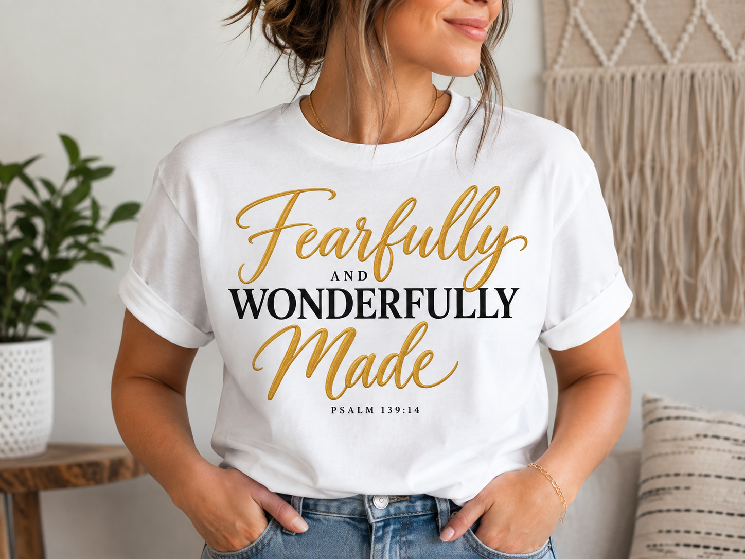 Fearfully and Wonderfully Made Psalm 139:14 Christian apparel t-shirt in white with gold and black script.