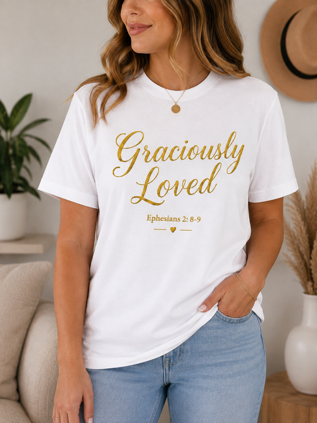 Graciously Loved premium white Christian apparel t-shirt featuring elegant gold script.
