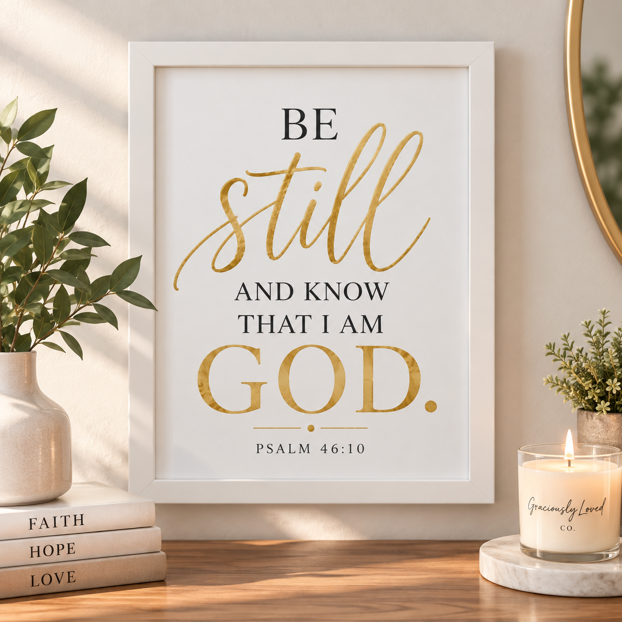 Be Still and Know That I Am God Psalm 46:10 framed Christian wall art in a white 11x14 frame.
