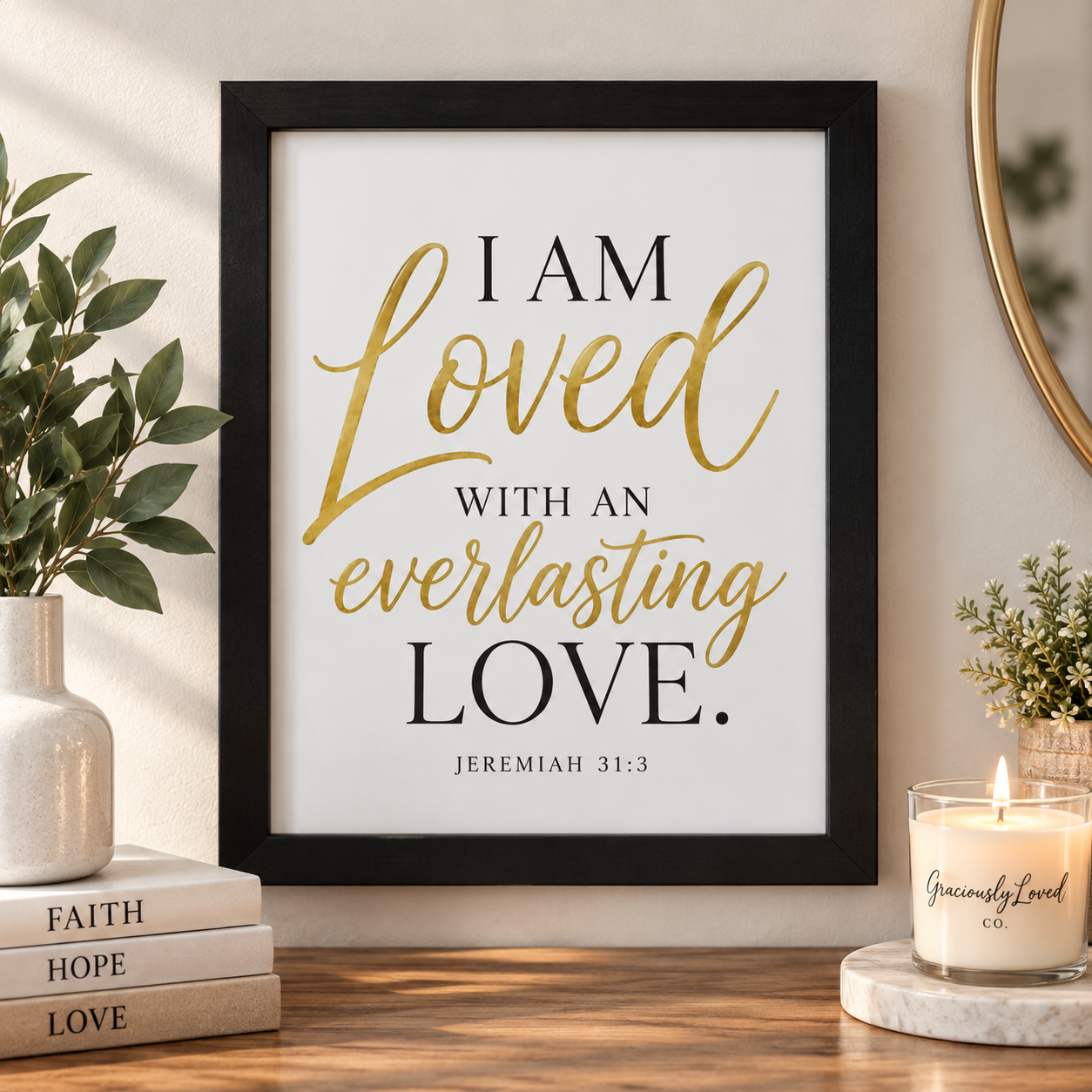 I Am Loved with an Everlasting Love Jeremiah 31:3 framed Christian wall art in a black 11x14 frame.