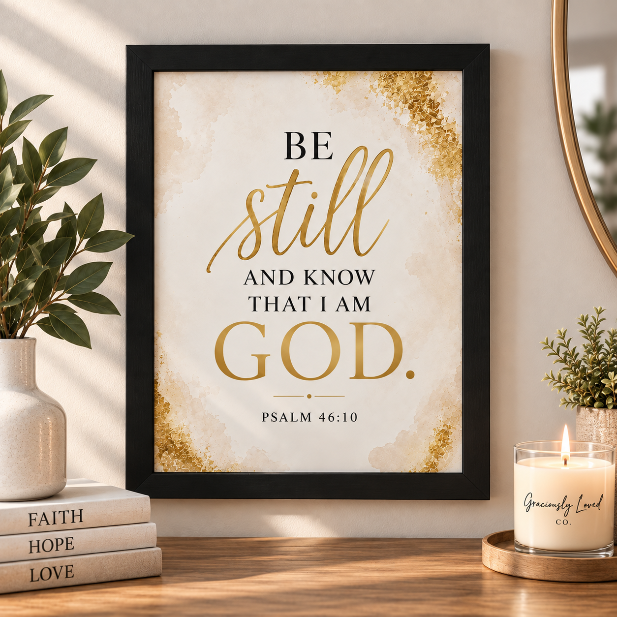 Be Still and Know That I Am God Psalm 46:10 gold border framed Christian wall art in a black 11x14 frame.