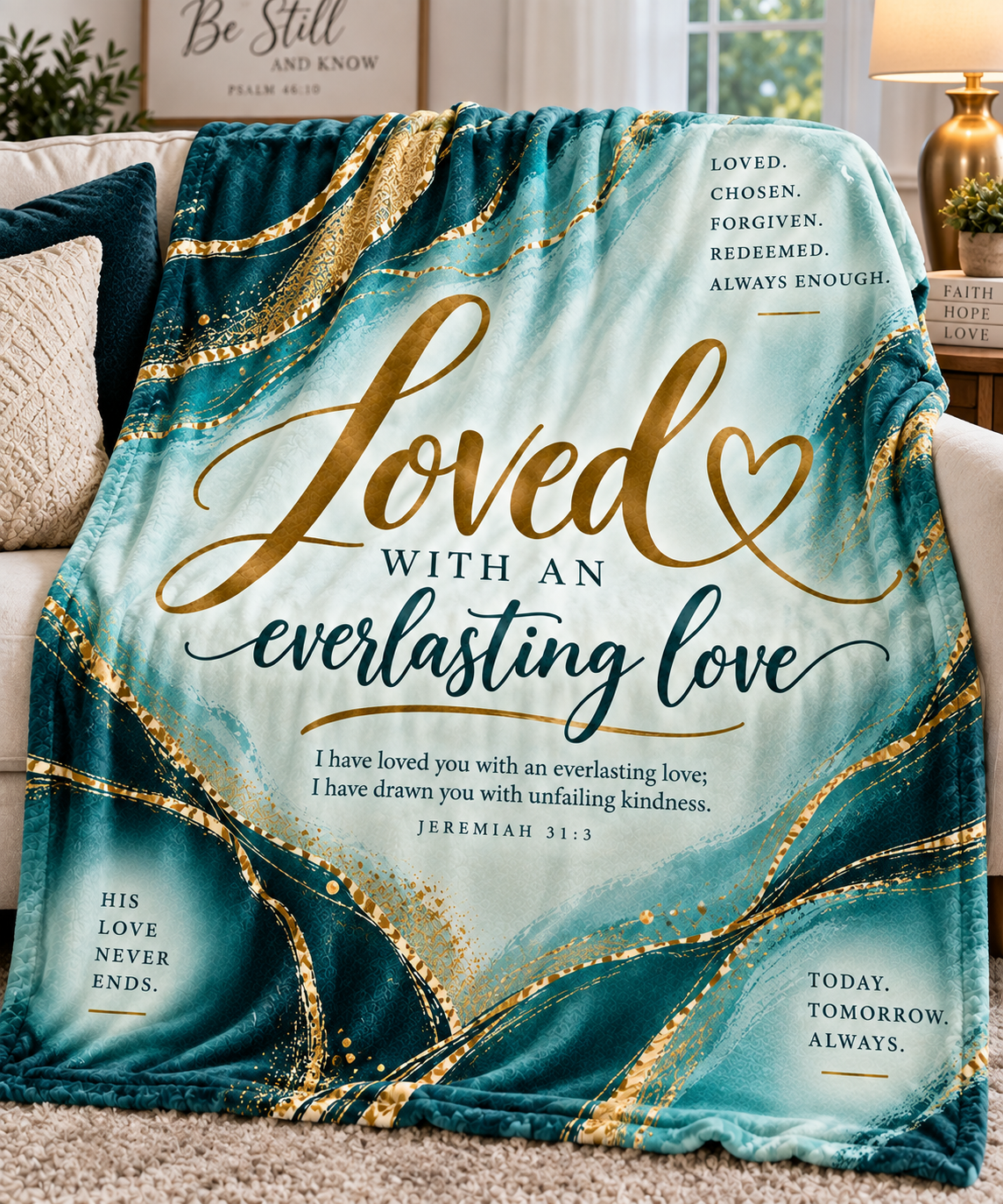 Loved With An Everlasting Love plush fleece Christian blanket in teal or purple with gold script and Jeremiah 31:3 scripture.