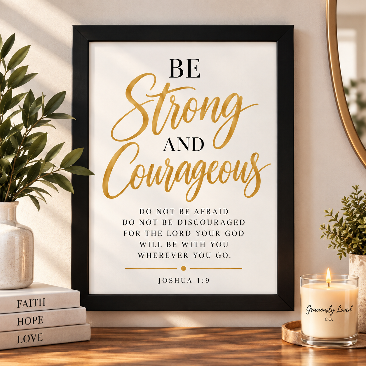 Be Strong and Courageous Joshua 1:9 framed Christian wall art in a black 11x14 frame.