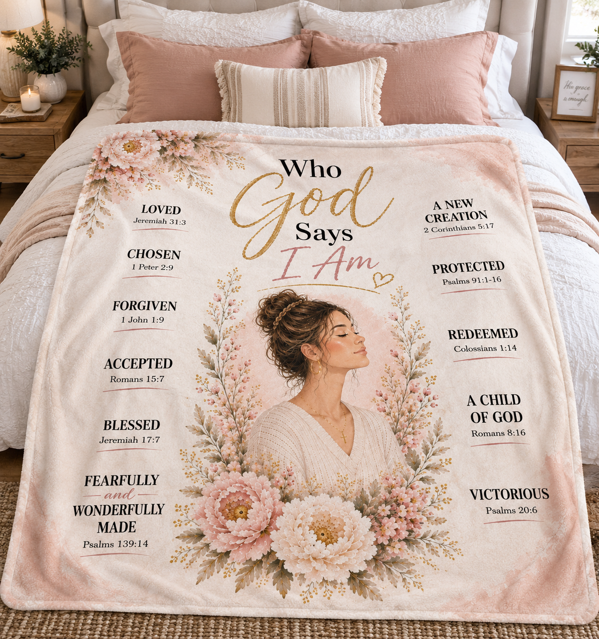 Who God Says I Am plush fleece blanket with gold script and scripture in cream, pink, and gold tones.