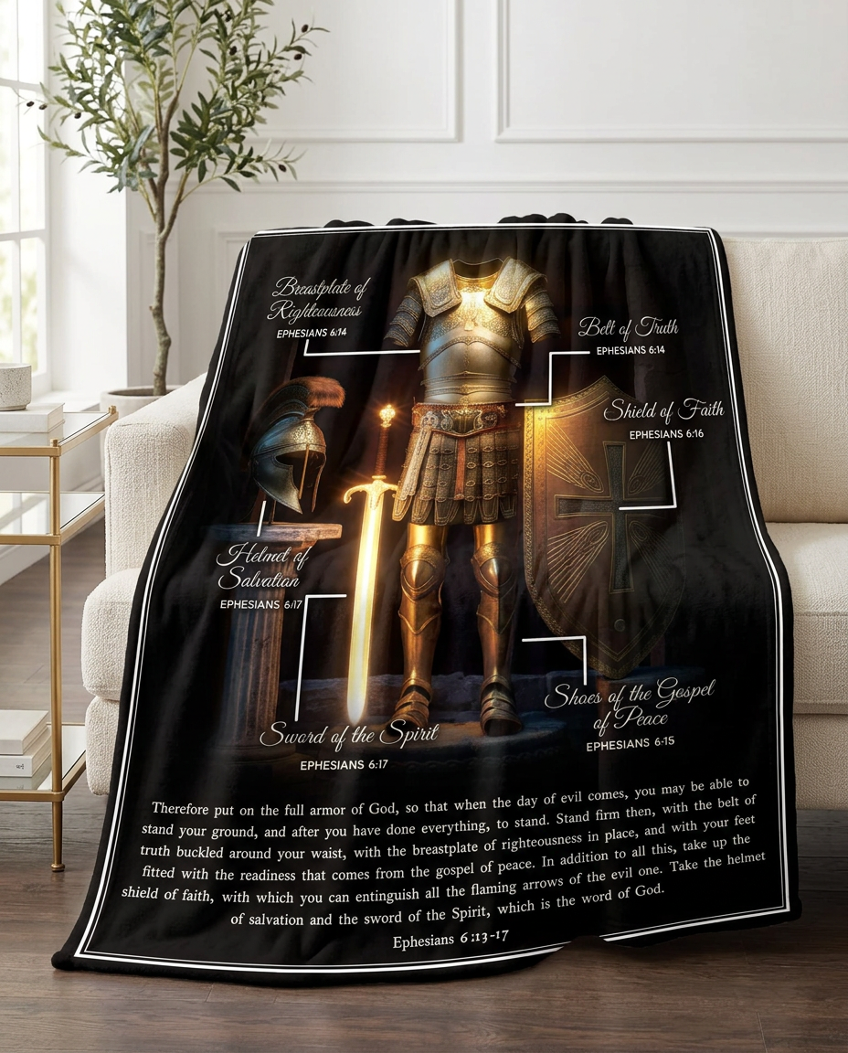 The Armor of God 50 by 60 inch plush fleece Christian blanket displayed on a cream sofa with Ephesians 6 scripture and gold armor artwork.